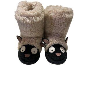 Emu Australia Toddler Lamb Face Booties Beige & Black Fuzzy Sheepskin Slip-On Si